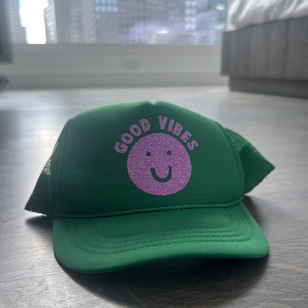 Green Trucker Hat with Purple Good Vibes Design